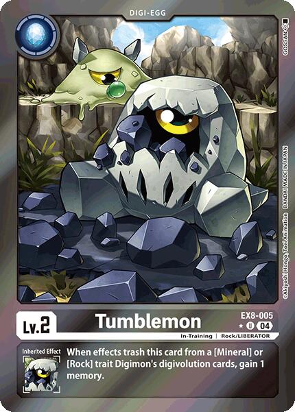 The Tumblemon [EX8-005] (Limited Foil) card from Digimon features a Level 2 In-Training Digimon with a boulder-like appearance and glowing yellow eyes, along with a green mineral creature hovering above it. The card text includes an inherited effect for [Mineral] or [Rock trait] Digimon in Digi-Evolution.