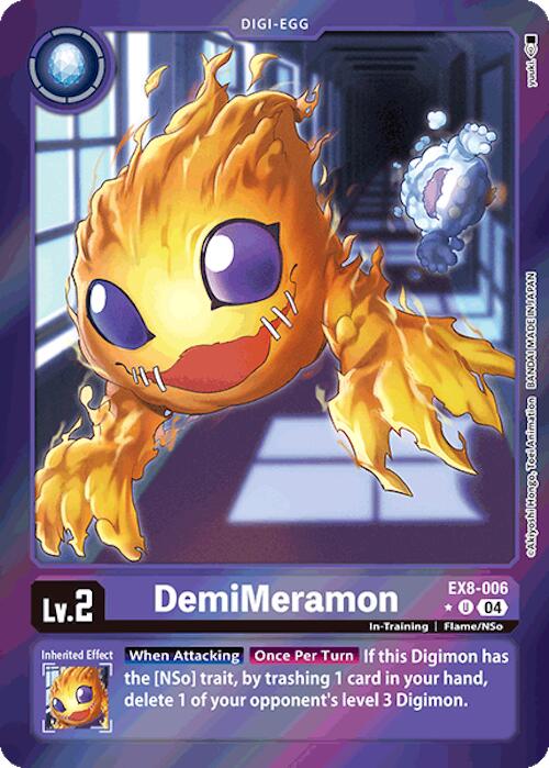 The Digi-Egg trading card, DemiMeramon [EX8-006] (Limited Foil) from the Chain of Liberation series by Digimon, shows a floating flame-like creature with purple eyes. It's a Level 2 