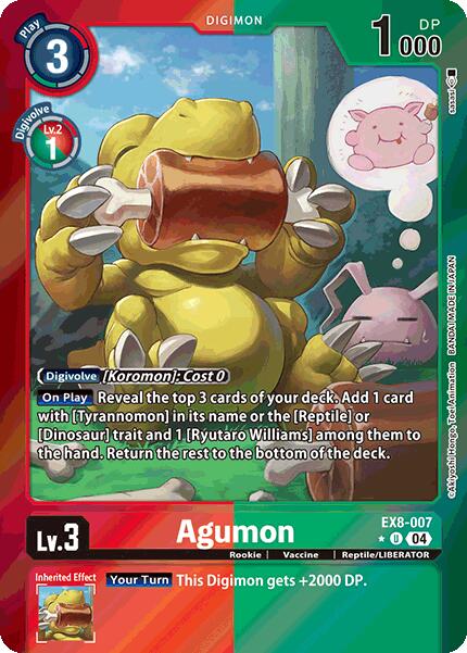 Card image of Agumon [EX8-007] from Digimon, the Rookie reptile. The yellow dinosaur-like creature in trees has stats: Play cost 3, 1000 DP, Level 3. Its special ability reveals and adds cards; inherited effect grants +2000 DP. Text includes 