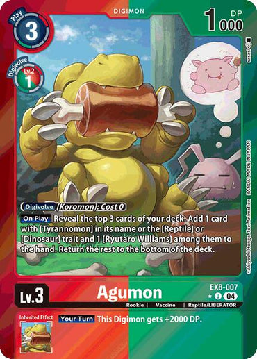 Card image of Agumon [EX8-007] from Digimon, the Rookie reptile. The yellow dinosaur-like creature in trees has stats: Play cost 3, 1000 DP, Level 3. Its special ability reveals and adds cards; inherited effect grants +2000 DP. Text includes "EX8-007" and "Digivolve: Koromon: Cost 0.