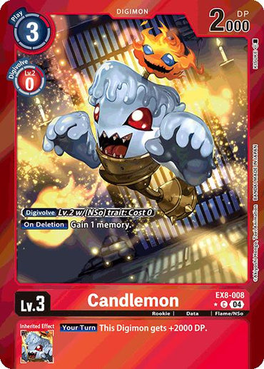 The Candlemon [EX8-008] Limited Foil card from Digimon's Chain of Liberation features a fiery creature with a candle on its head over illuminated grates. Framed in red, it has a play cost of 3 and DP 2000. It gains 1 memory on deletion and +2000 DP during your turn.