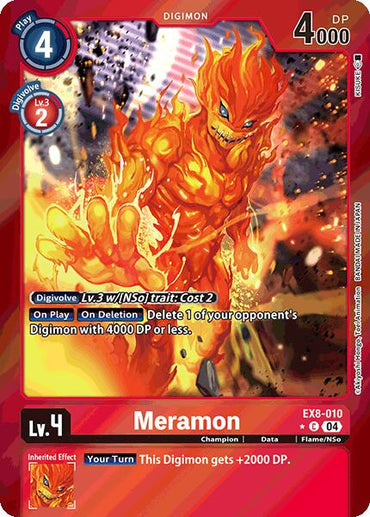 Image of the "Meramon [EX8-010] (Limited Foil)" Digimon card from the Chain of Liberation series, showcasing a fiery humanoid in flames. It has a red border, is Level 4 with 4000 DP, offers play and deletion abilities, and has an inherited effect boosting DP by 2000.