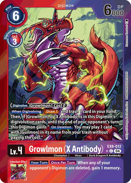 The image shows a Digimon card of Growlmon [EX8-012] (X Antibody) (Limited Foil) [Chain of Liberation], featuring a red, dragon-like creature with sharp claws and fierce expression against a fiery digital backdrop. Stats: LV. 4, 6000 DP, card includes Chain of Liberation effects and special costs.