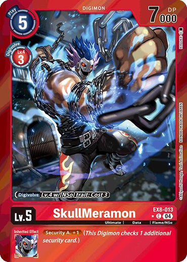 The Digimon card SkullMeramon [EX8-013] (Limited Foil) showcases a blue-flame humanoid with fiery hair and glowing eyes. It has 7,000 DP, level 5 status, and play cost of 5. The red-bordered design includes an inherited effect and Security Attack +1 Digivolve cost.