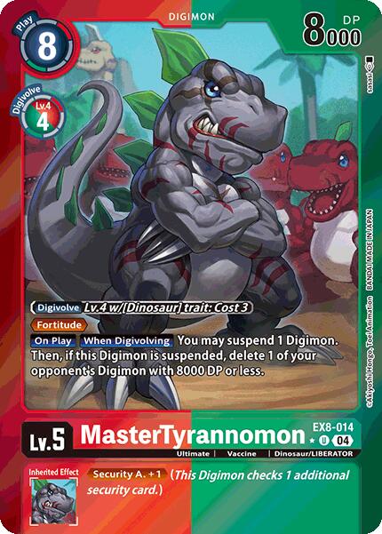 Image of the trading card "MasterTyrannomon [EX8-014] (Limited Foil) [Chain of Liberation]" from the Digimon series, featuring a muscular dinosaur-like figure with silver armor and red markings, surrounded by trees and two smaller dinosaurs. It's a Level 5 Digimon with 8000 DP.