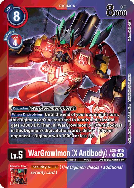 Digital card WarGrowlmon [EX8-015] (X Antibody) from Digimon, with red and gold armor. It features stats: Play cost 8, 8000 DP, level 5. Abilities include Digivolve: [WarGrowlmon] at a cost of 1, plus additional purple box effects. Limited Foil edition from Chain of Liberation series.