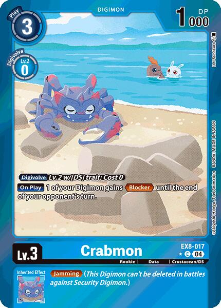 The vibrant Digimon card, Crabmon [EX8-017] (Limited Foil) from the Chain of Liberation, features a cartoonish crustacean with blue and purple hues on a sunny beach. With a play cost of 3, level 3, and 1000 DP, it boasts Digivolve details, abilities, and an inherited effect as a formidable blocker.