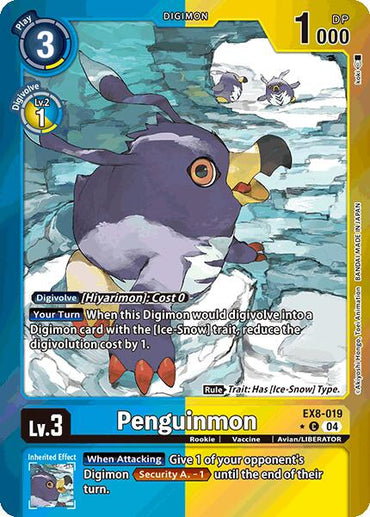 Product image of Penguinmon [EX8-019] (Limited Foil) [Chain of Liberation] from Digimon, featuring an ice-snow penguin-like creature with a white belly and dark wings, speeds through frosty landscapes with goggles in its beak. Key card details: play cost, DP, level, traits, and Digivolution abilities.