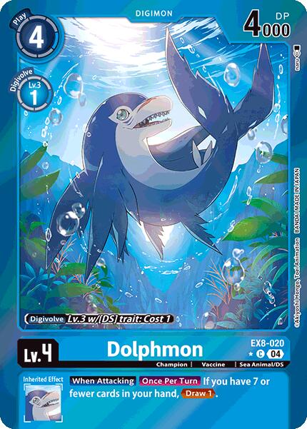 The image is a Digimon trading card for Dolphmon [EX8-020] (Limited Foil) from the Chain of Liberation series, depicting a blue and white dolphin-like creature swimming underwater. The card, labeled Champion/Vaccine, features stats: DP 4000, Play 4, Digivolve Lv. 3, with a card-drawing effect.