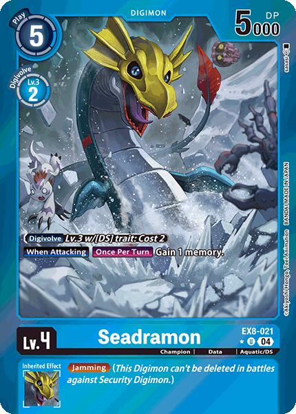 The image shows a Digimon trading card, Seadramon [EX8-021] (Limited Foil) from the Chain of Liberation series. The majestic sea serpent boasts a yellow dragon-like head and silver scales, emerging from turbulent waters. Vibrant blue and aqua design elements highlight its attributes and memory gain ability.