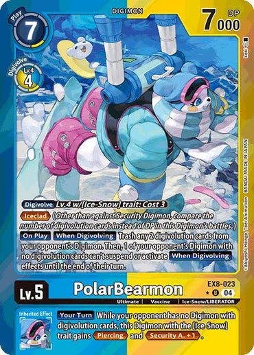 The Digimon card "PolarBearmon [EX8-023] (Limited Foil) [Chain of Liberation]" features a blue bear-like creature with boxing gloves in the snow. Known as "Ice Clad," this Level 5 Digimon has 7,000 DP and a play cost of 7, boasting attributes and effects for battle enhancement.