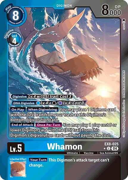 The Digimon card Whamon [EX8-025] (Limited Foil) from the Chain of Liberation expansion showcases a blue and gray level 5 sea creature with sharp teeth, an 8000 DP, and a play cost of 8. Its DS traits specify digivolution requirements and enhance attack targeting.