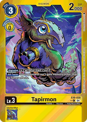 A Digimon card named Tapirmon [EX8-030] from 'Chain of Liberation' features a blue and purple tapir-like Rookie with a beak. It has a yellow border, stats of Play 3, 2000 DP, Level 3, Vaccine attribute, and a vibrant swirling sky background.