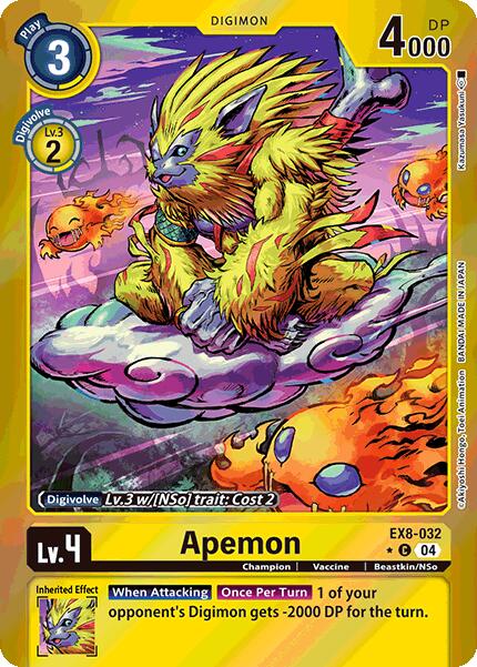 The image features a Digimon trading card, Apemon [EX8-032] (Limited Foil) [Chain of Liberation], with a yellow border depicting a large ape-like creature with a blue mane wielding a club against an orange background. This Level 4 Champion has 4000 DP and boasts an enhancing 