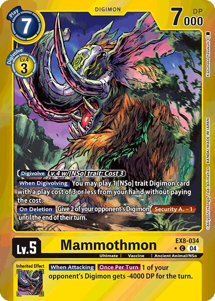 The image shows the Digimon Mammothmon [EX8-034] card from the Chain of Liberation set, featuring a dinosaur-like creature with tusks and a shaggy mane. It has a blue play cost of 7, 7000 DP, level 5, and text boxes outlining Digivolve effects and other abilities.