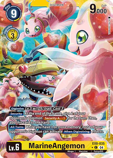 The image shows a Digimon trading card, MarineAngemon [EX8-035] (Limited Foil) [Chain of Liberation], featuring a pink, fairy-like creature with wings and colorful hearts. The card includes details like Level 6, 9000 DP, Digivolve cost, and its abilities within the Chain of Liberation.