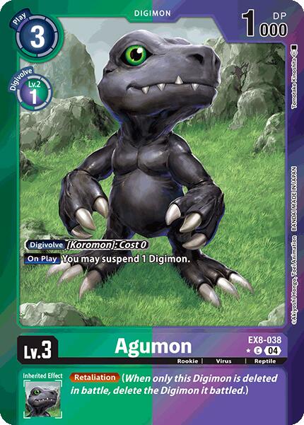 The image showcases the Agumon [EX8-038] Limited Foil digital card from the Digimon universe, featuring a dinosaur-like creature with gray skin, large green eyes, and sharp claws. The level 3 card displays stats and abilities against a grassy landscape from Chain of Liberation.