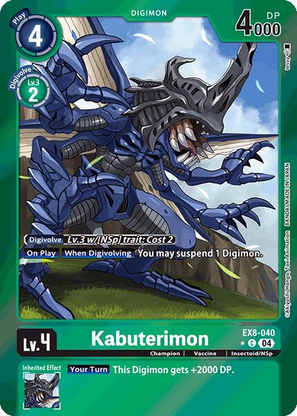 Image of a Digimon Kabuterimon [EX8-040] card, an insectoid creature with sharp claws and a horned exoskeleton. It features 4000 DP, a play cost of 4, and a green theme detailing its level and traits. Part of the 