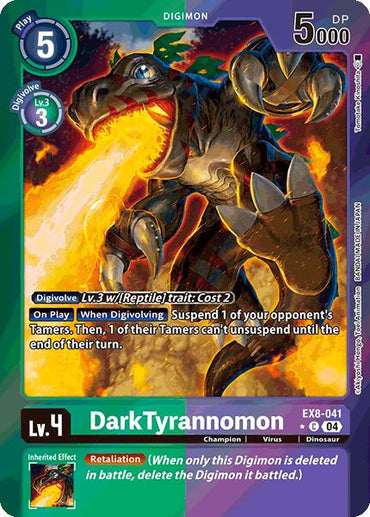 The Digimon card "DarkTyrannomon [EX8-041] (Limited Foil) [Chain of Liberation]" showcases a fierce dinosaur-like creature with dark armor, red eyes, and flames. It has a play cost of 5, 5000 DP, level 4 status, and can suspend opponent's Tamers with a Retaliation effect.