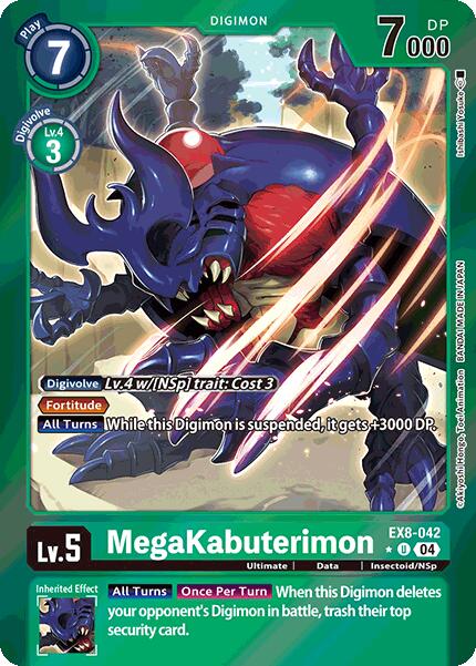 The MegaKabuterimon [EX8-042] (Limited Foil) card from Digimon's Chain of Liberation series features a powerful, armored insectoid with a horn. Set in a blue border, it highlights play cost, level, and DP while boasting effects like gaining DP when suspended and strong security stack skills.