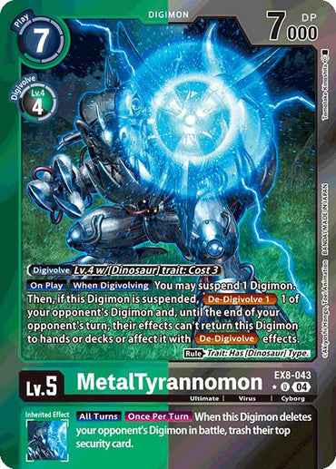 The "MetalTyrannomon [EX8-043] (Limited Foil)" card from Digimon's Chain of Liberation set showcases a futuristic cyborg dinosaur. This Lv. 5 Ultimate Digimon has 7000 DP, costs 7 to play, can Digivolve, and triggers suspension effects.