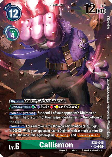 The image features a Super Rare Digimon card, Callismon [EX8-045] (Alternate Art) from the Chain of Liberation, depicting a muscular purple creature with sharp claws, red eyes, clad in black pants and belt. Callismon has impressive stats and abilities like Digivolve, with a cost of 12 and DP of 12,000.