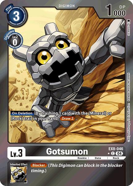 The Digimon card, Gotsumon [EX8-046] (Limited Foil) [Chain of Liberation], features the rock-type creature with large yellow eyes in a dynamic pose against a rocky backdrop. It highlights its Blocker abilities, with a play cost of 3 and power of 1000 DP.