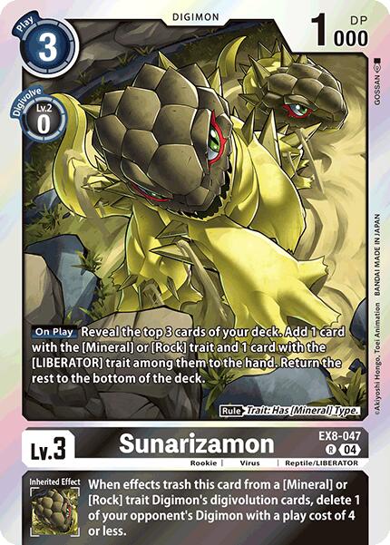 The image features the Digimon card Sunarizamon [EX8-047] from Chain of Liberation, depicting a creature with rugged, rock-like armor, red eyes, and sharp claws. It has a play cost of 3, no Digivolve cost, 1000 DP, and includes 