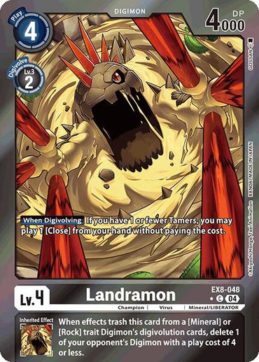 The image shows a Digimon "Landramon [EX8-048]" card, a mineral-infused creature with rocky armor and red spikes. Emerging from the ground, its stats are 4 cost, 4000 DP, level 4. Its Chain of Liberation effect allows specific cards to be played for free.