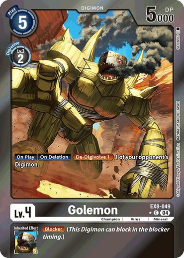 The Digimon Golemon [EX8-049] card from Chain of Liberation features a Champion-level, Virus-type creature with glowing eyes amidst rocky debris. This limited foil card has a play cost of 5, 5000 DP, Level 4, and serves as a Blocker.