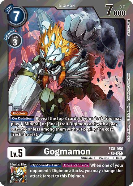 The Digimon card Gogmamon [EX8-050] features a Level 5 Digimon with 7000 DP, clad in orange and white spiky armor, and wielding a large drill. It highlights 