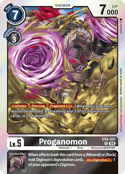 The rare Digimon card, Proganomon [EX8-051] from the Chain of Liberation series, features sharp armor and glowing eyes in a vortex. It has a play cost of 7, evolves at level 4 from level 3, detailing Digivolution and inherited effects with traits Mineral and Virus.