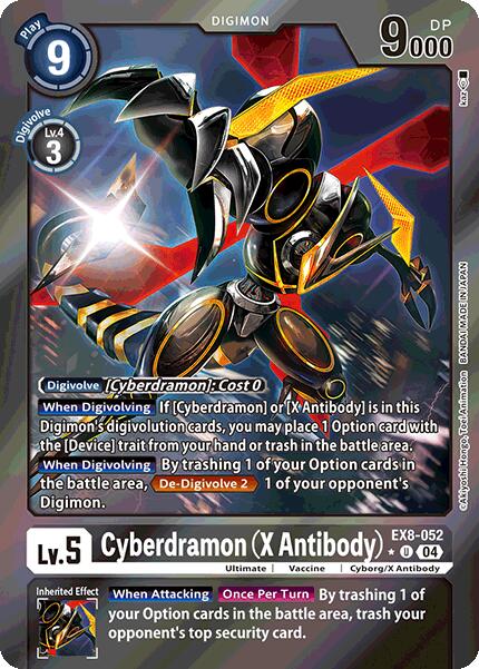 The Digimon card Cyberdramon [EX8-052] (X Antibody) (Limited Foil) from the Chain of Liberation series features a dark design with glowing orange accents, blade-like hands, 9000 DP, and includes effects linked to option cards and digivolution processes.