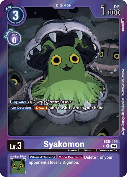 The Digimon card "Syakomon [EX8-056] (Limited Foil) [Chain of Liberation]" features a green, virus-type, shell creature with yellow eyes. It has 1000 DP, costs 3 to play, and includes an inheritable effect to delete a level 3 opponent's Digimon upon attack.