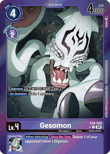 The Digimon card Gesomon [EX8-058] (Limited Foil) from Chain of Liberation features the Champion sea monster with white and purple tentacles. It's Level 4, 4000 DP, costs 4 to play, and has abilities like memory gain on deletion and deleting an opponent's level 3 Digimon.