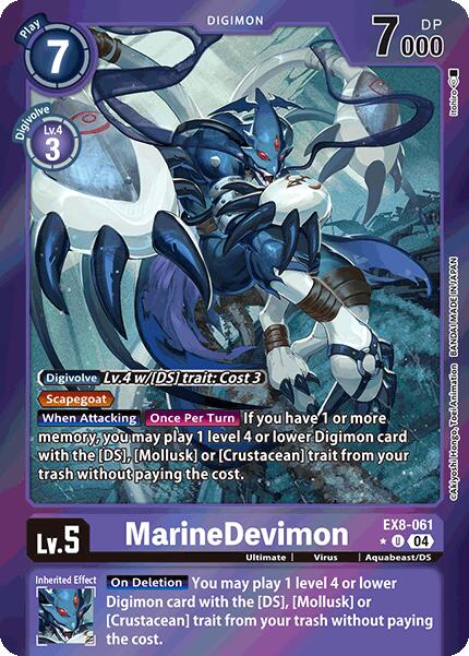 MarineDevimon [EX8-061] is a Digimon card from the Chain of Liberation series, featuring an Aquabeast with octopus-like tentacles and red eyes. It has a play cost of 7, 7000 DP, and is level 5 with unique effects.