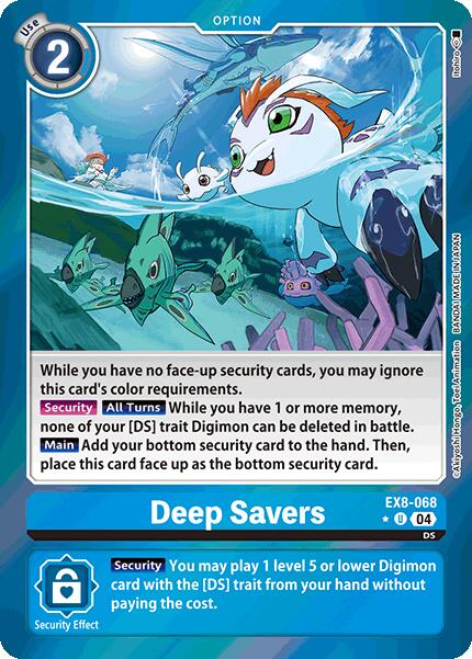 The "Deep Savers [EX8-068] (Limited Foil) [Chain of Liberation]" Digimon card depicts a fish-like creature with a white and orange body swimming among smaller fish, boasting security features and cost-free summoning abilities, bolstered by Chain of Liberation in battles.