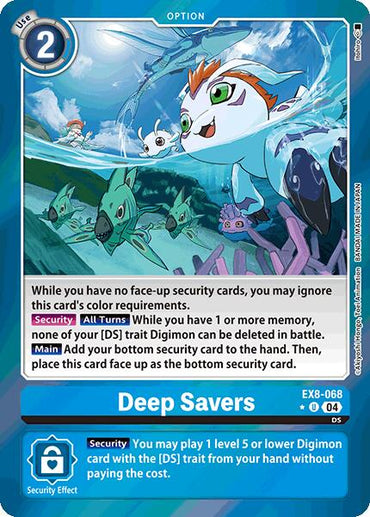 The "Deep Savers [EX8-068] (Limited Foil) [Chain of Liberation]" Digimon card depicts a fish-like creature with a white and orange body swimming among smaller fish, boasting security features and cost-free summoning abilities, bolstered by Chain of Liberation in battles.