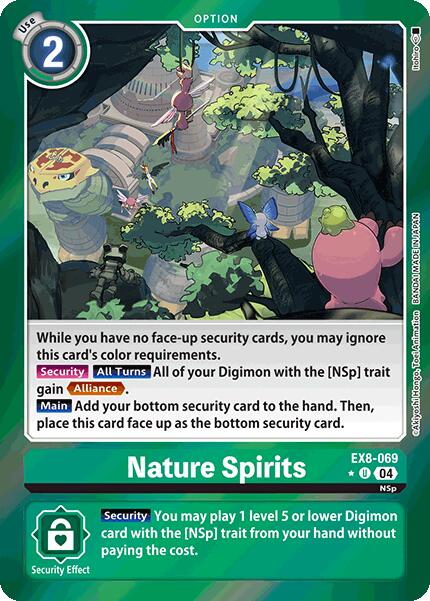 The "Nature Spirits" card [EX8-069] from Digimon, part of the "Chain of Liberation" series, showcases a lush forest scene with digital creatures. It blends blue and green, emphasizing security and effects related to Digimon traits within the Alliance theme. Available as a limited foil.