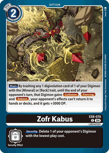 The Digimon card "Zofr Kabus [EX8-070] [Chain of Liberation]" features a red and gold mechanical dragon among floating cubes, emphasizing a mineral/rock trait. It highlights abilities like "Collision" and "Piercing," with an effect that deletes a low-cost opponent's Digimon.