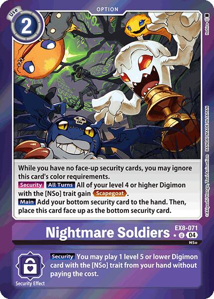 This is a limited foil digital trading card from Digimon titled "Nightmare Soldiers [EX8-071]" in the Chain of Liberation series, showcasing two monstrous characters and detailing NSo trait abilities. It features a purple border.