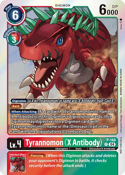 The image shows a Digimon card, Tyrannomon [P-160] (X Antibody), from the -Chain of Liberation- Upgrade Pack. It highlights game details such as play cost, level, power, and traits. The fierce red dinosaur with sharp teeth is depicted centrally, with text explaining special effects.