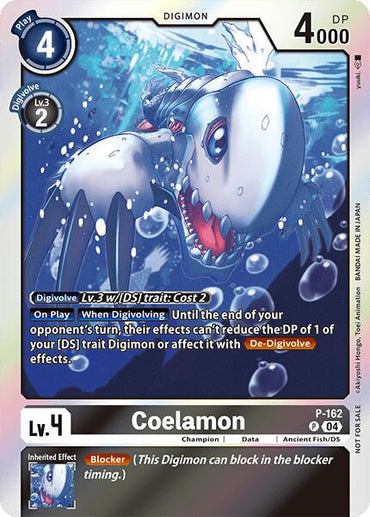 The Coelamon [P-162] promo card from the Digimon LIBERATOR series features a long, armored body and sharp teeth. It has a Play Cost of 4 and Lv. 3 w/[DS] trait for Cost 2, boasts 4000 DP, an efficient Digivolving effect to reduce DP, and offers a Blocker ability as an inherited effect.