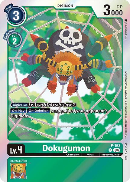 Image of the Dokugumon [P-163] card from Digimon LIBERATOR. Featuring a spider-like creature with an orange/purple body and skull-patterned abdomen, it sits on a web with green borders. The card shows 