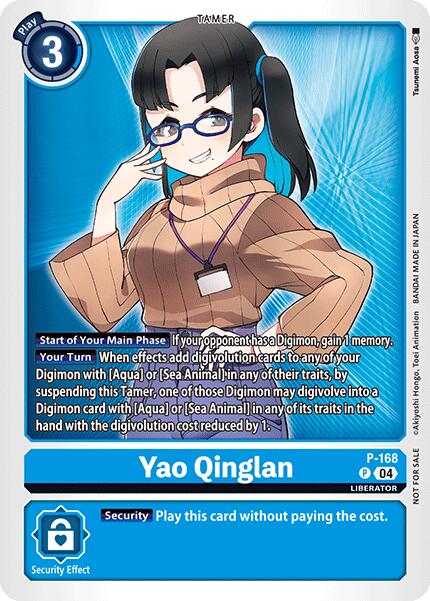 The promotional card Yao Qinglan [P-168] from the Digimon Store Tournament 2025 Vo.1 Participation Pack features a dark-haired, ponytailed Tamer in glasses, wearing a blue jacket and beige turtleneck, holding a digital pad, with game abilities and digivolution strategy under 