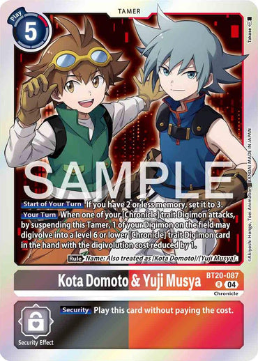 The "Kota Domoto & Yuji Musya [BT20-087] [Release Special Booster 2.0]" Digimon card features two anime-style characters: one in green and brown gear with goggles and the other with spiky blue hair. As a Tamer card, it has a play cost of 5, special effects, and a large "SAMPLE" watermark.