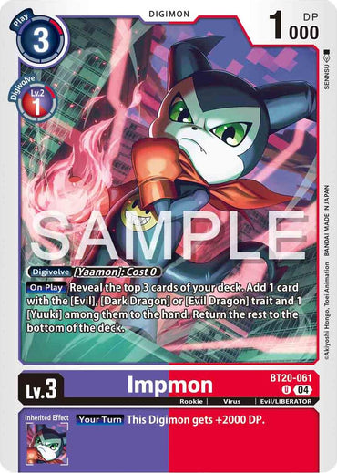 The Digimon card "Impmon [BT20-061]" from the Release Special Booster 2.0 set features a Level 3, Virus-type character with purple fur and a red scarf, highlighting its evil abilities and a potent "Your Turn" effect.