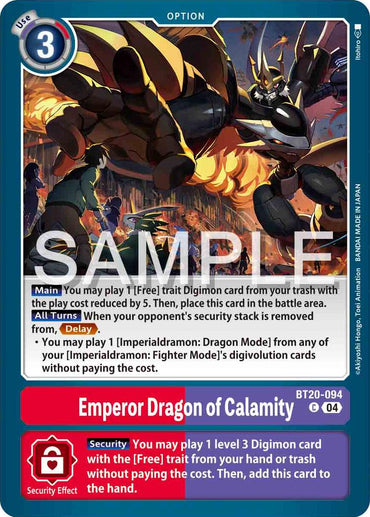 The Digimon card "Emperor Dragon of Calamity [BT20-094] [Release Special Booster 2.0]" features a powerful armored dragon with metallic wings and sharp claws, reminiscent of Imperialdramon: Dragon Mode. It includes cost, abilities, and effects on a blue backdrop with intricate patterns.