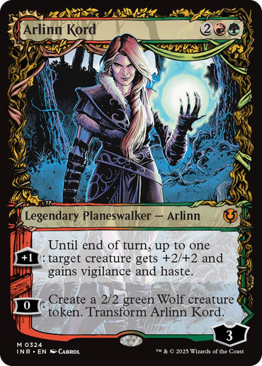 The Mythic card, "Arlinn Kord // Arlinn, Embraced by the Moon (Showcase)" from "Innistrad Remastered," depicts Arlinn with a glowing orb in a forest. Her +1 ability grants +2/+2 and vigilance; 0 creates a 2/2 wolf. It costs 2 red/green and 2 colorless mana and starts with 3 loyalty. Art by Cabrol.