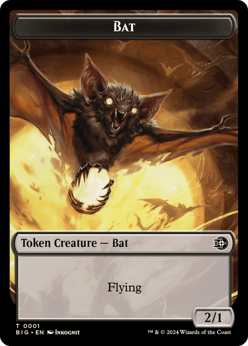 A Magic: The Gathering card titled "Treasure // Bat Double-Sided Token [Outlaws of Thunder Junction Tokens]". The art depicts a fearsome bat creature with glowing red eyes and sharp fangs, emerging from flames. Part of the Outlaws of Thunder Junction series, this Token Creature — Bat has the ability "Flying" and boasts a power and toughness of 2/1.